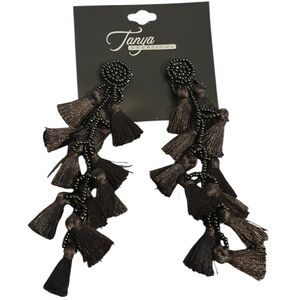 ❤️ Tanya Creations Stunning Black Beaded Tassel Drop Earrings Post Back NWT
